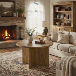 Sunvega Mango Brown Round Dining Table with Sculpted Geometric Base and X-Cross Legs