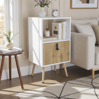 Sunvega Modern White Macadamia Tall Nightstand with Spacious Drawer and Open Storage