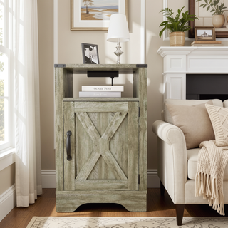 Sunvega White Oak Farmhouse Nightstand with Charging Station and Ample Storage