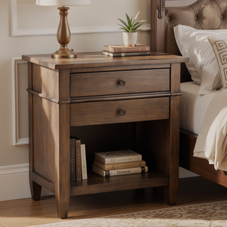 Sunvega Handcrafted Solid Wood Bedside Table with Drawers in Natural Aged Brown