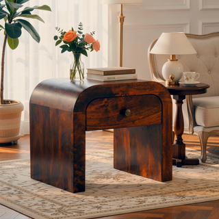 Sunvega California Walnut Mango Wood Nightstand with One Small Drawer and Brass Knob