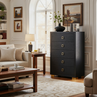 Sunvega Contemporary Black Chest with Gold Square Pulls and Metal Bracket Legs