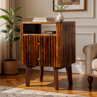 Sunvega Retro Modern Solid Mango Wood Nightstand with Chestnut Finish