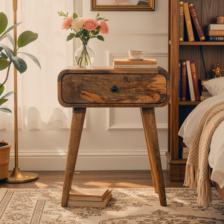 Sunvega Mid-Century Modern Solid Mango Wood Nightstand with Drawer and Tapered Legs