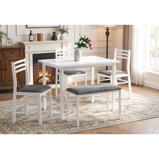 Sunvega Contemporary 5-Piece Dining Set with White Laminate Table and Grey Fabric Chairs