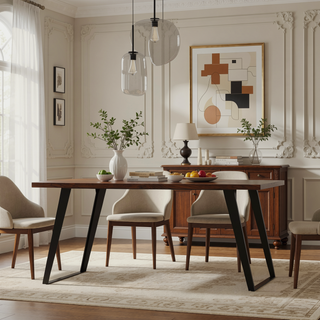 Sunvega Handcrafted Modern Industrial Walnut Veneer Dining Table for 6
