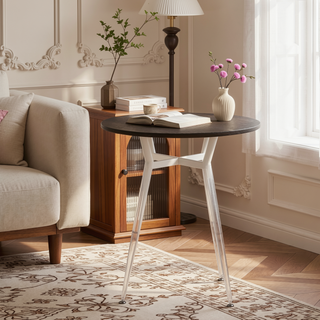 Sunvega Clara Industrial Round Dinette Table with Vintage White Metal and Espresso Wood Top