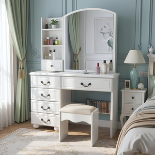 Sunvega White Vanity Desk with Mirror and Lights for Makeup with 6 Drawers