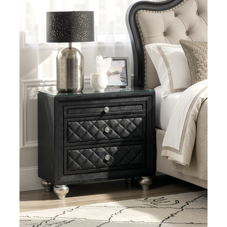Sunvega Black Glam Nightstand with Velvet Tufted Drawers and Faux Crystal Knobs