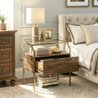 Sunvega Modern Brown Finish Night Stand with Spacious Drawer and Glass Top