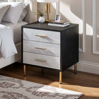 Sunvega Black Silver Gold Nightstand with Three Drawers Crocodile Pattern Fronts