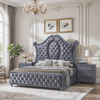 Sunvega Glam Traditional Style Nightstand with Velvet Tufted Drawers and Jewelry Tray