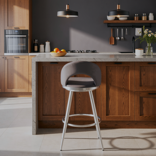 Sunvega Swivel Bar Stool with Gray Faux Leather Upholstery and Brushed Steel