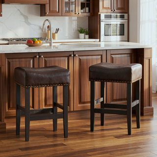 Sunvega Brown Bonded Leather Saddle Seat Backless Counter Stools Set of 2
