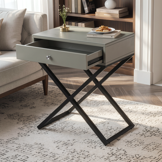 Sunvega Koda Taupe Wooden End Side Table with Glass Top and Drawer