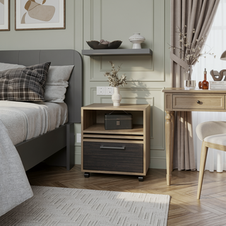 Sunvega Contemporary Light Oak and Black Nightstand with Caster Wheels