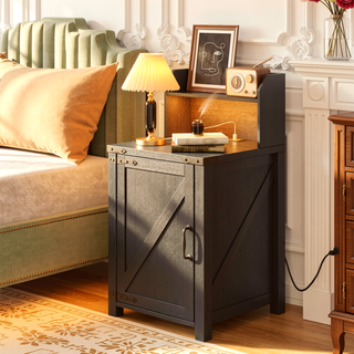 Sunvega Farmhouse Nightstand with Charging Station and Adjustable Shelf for Living Room Bedroom