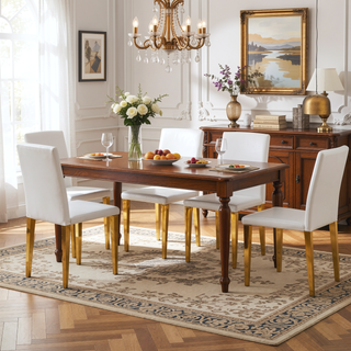 Sunvega Set of 4 White PU Leather Dining Chairs with Golden Metal Legs and Ergonomic Backrest