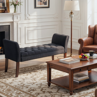 Sunvega Traditional-Style Upholstered Bench with Button Tufted Design and Solid Wood Legs for Bedroom