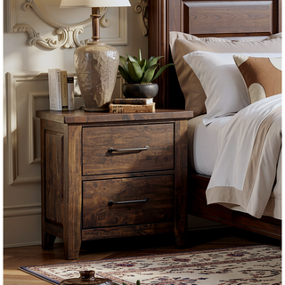 Sunvega Solid Rubberwood Nightstand with Burnished Brown Finish and 2 Dovetail Drawers