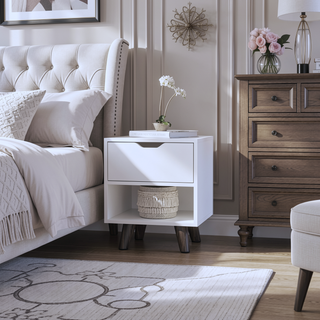 Sunvega Modern White Nightstand with Spacious Drawer and Open Storage Shelf