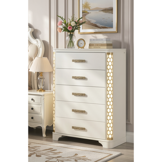 Sunvega Beige Wood 5-Drawer Chest with Gold Accent Pulls and LED Lighting