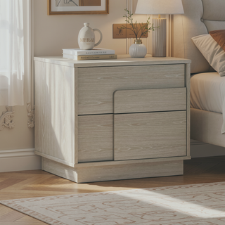 Sunvega Modern Whitewashed Oak Nightstand with Two Push Open Drawers for Bedroom