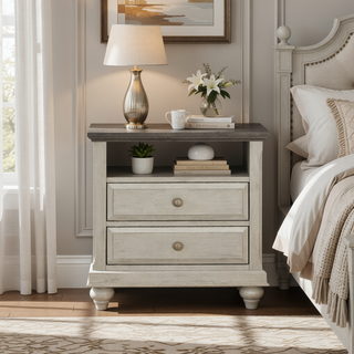 Sunvega Light Gray Nightstand with Dark Brown Top and 2 Dovetail Drawers