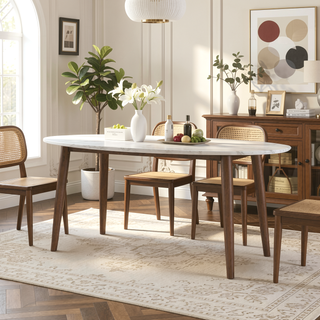 Sunvega Mid Century Modern Style Solid Wood White Top Oval Dining Table