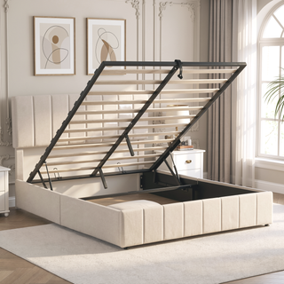 Sunvega Upholstered Platform Bed with Hydraulic Storage System in White Linen