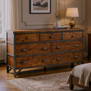 Sunvega 7-Drawer Dresser in Rustic Brown and Gunmetal Finish Wooden Furniture