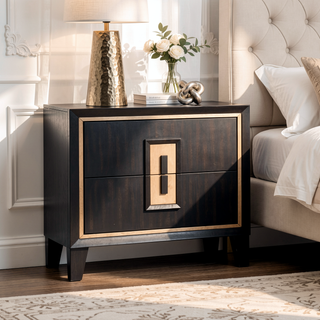 Sunvega Contemporary Espresso Nightstand with Gold Accent Trim and Felt-Lined Drawers