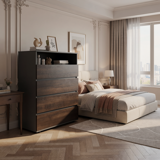 Sunvega Stained Walnut 4-Drawer Dresser with Open Shelf for Modern Bedrooms