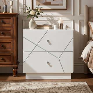 Sunvega Ultra Modern White Finish Nightstand with 2 Drawers and Embossed Lines Design