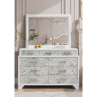 Sunvega Modern White Dresser with Marble Accents and Nine Drawers for Bedroom