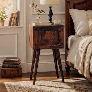 Sunvega Solid Mango Wood Bedside with Two Drawers and Scandinavian Legs