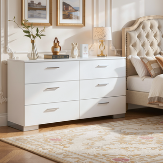 Sunvega Contemporary White High Gloss Dresser with Chrome Handles and Smooth Gliding Drawers