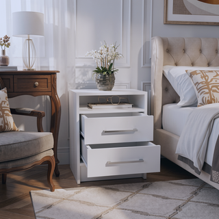 Sunvega White Modern Nightstand with Two Drawers and Shelf for Bedroom