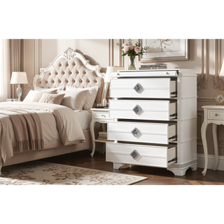 Sunvega Modern White Wood Chest with Crystal Accents and Hidden Jewelry Drawer
