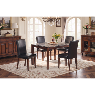 Sunvega Espresso Brown Finish Faux Marble Top Dining Table with 4 Cushioned Chairs