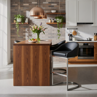 Sunvega Brushed Stainless Steel Bar Stool with Black Faux Leather Upholstery
