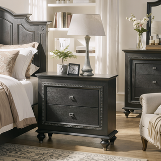 Sunvega Transitional Metallic Gray Finish Nightstand with Two Storage Drawers and Crystal Trim