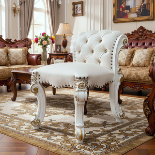 Sunvega Antique Pearl Finish PU Leather Vanity Stool with Button Tufted Back