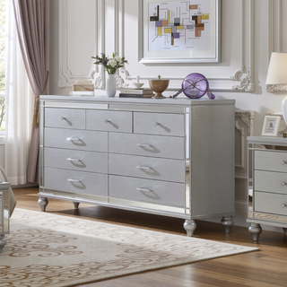 Sunvega Silver Mirror Framed 6-Drawer Dresser with Diamond Accent Handles