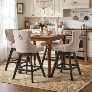 Sunvega Swivel Velvet Barstools with Button Tufted Back and Chrome Nailhead Trim