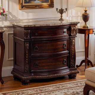 Sunvega Traditional Style End Table with Marble Top and Three Drawers
