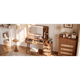 Sunvega Vintage Rattan Makeup Vanity with Mirror Lights and 5 Drawers