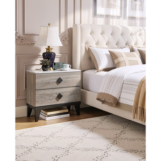 Sunvega Cream Oak Nightstand with Faux Marble Top and Rustic Wood Accents