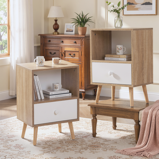 Sunvega Mid-Century Modern Wood Nightstand Set with Drawer and Shelf for Bedroom