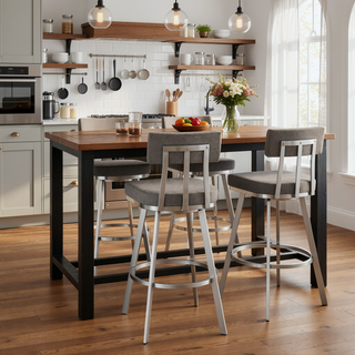 Sunvega Swivel Bar Stool with Gray Faux Leather Upholstery and Brushed Stainless Steel